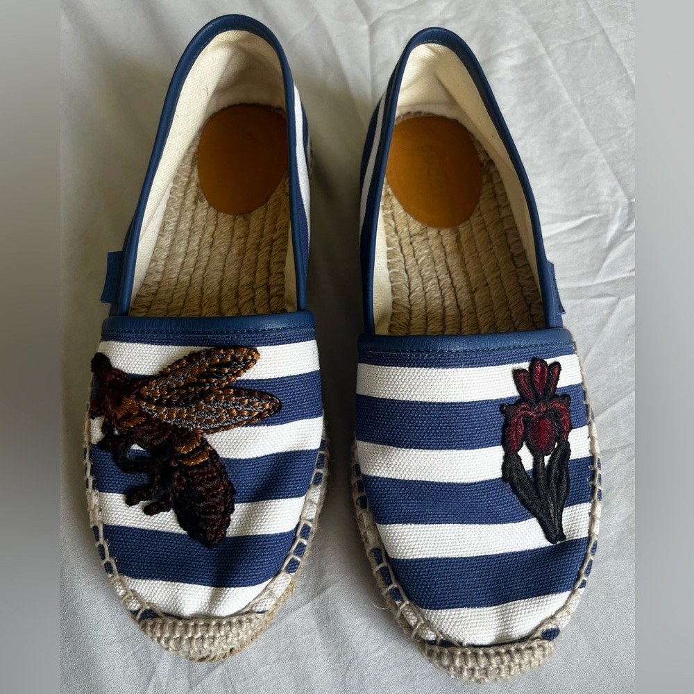 Gucci Blue/White Striped Canvas Embroidered Espadrille Flats EU 37 1/2 US 7
